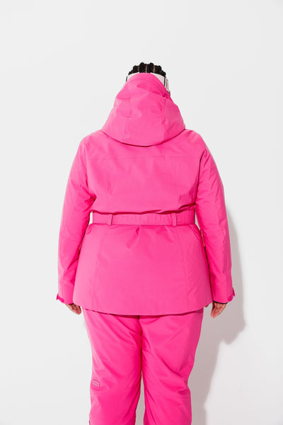 Woman wearing Alpenglow belted jacket