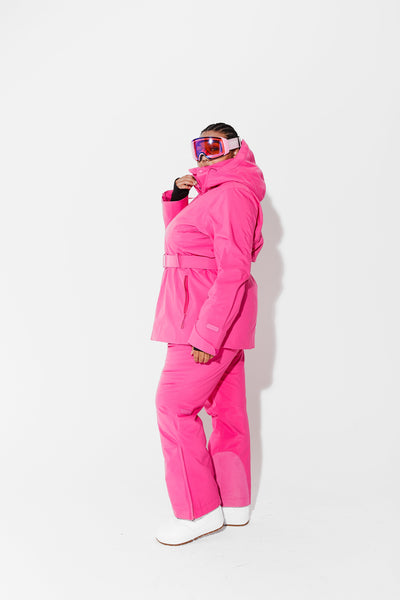 Woman wearing Alpenglow belted jacket