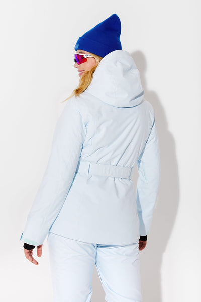 Woman wearing Frost belted jacket