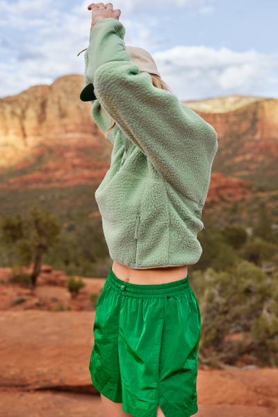 Woman Wearing Verdant Green Nylon Shorts