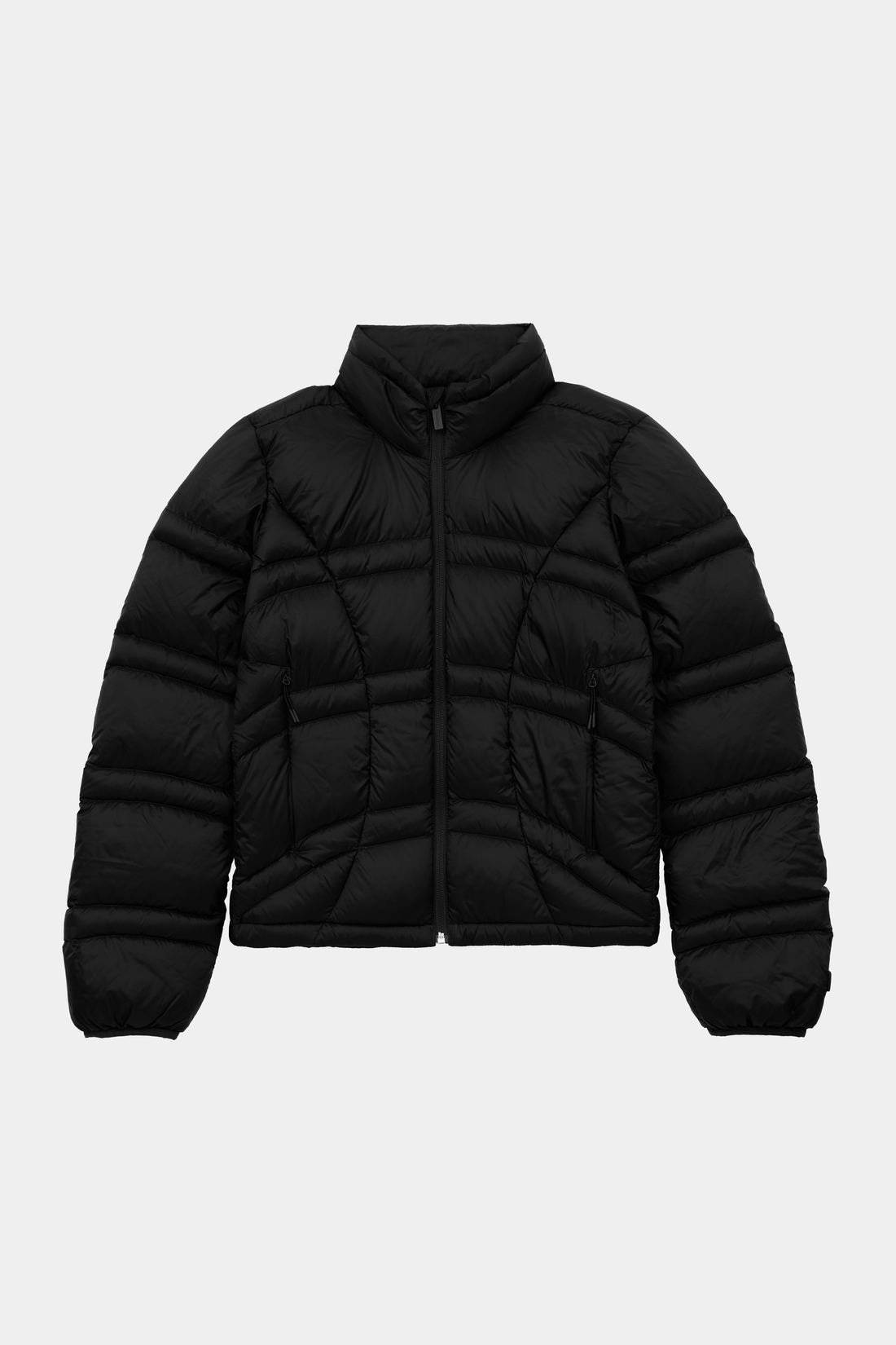 A black puffer jacket with horizontal quilting, a stand-up collar, and a front zipper, shown against a light gray background.