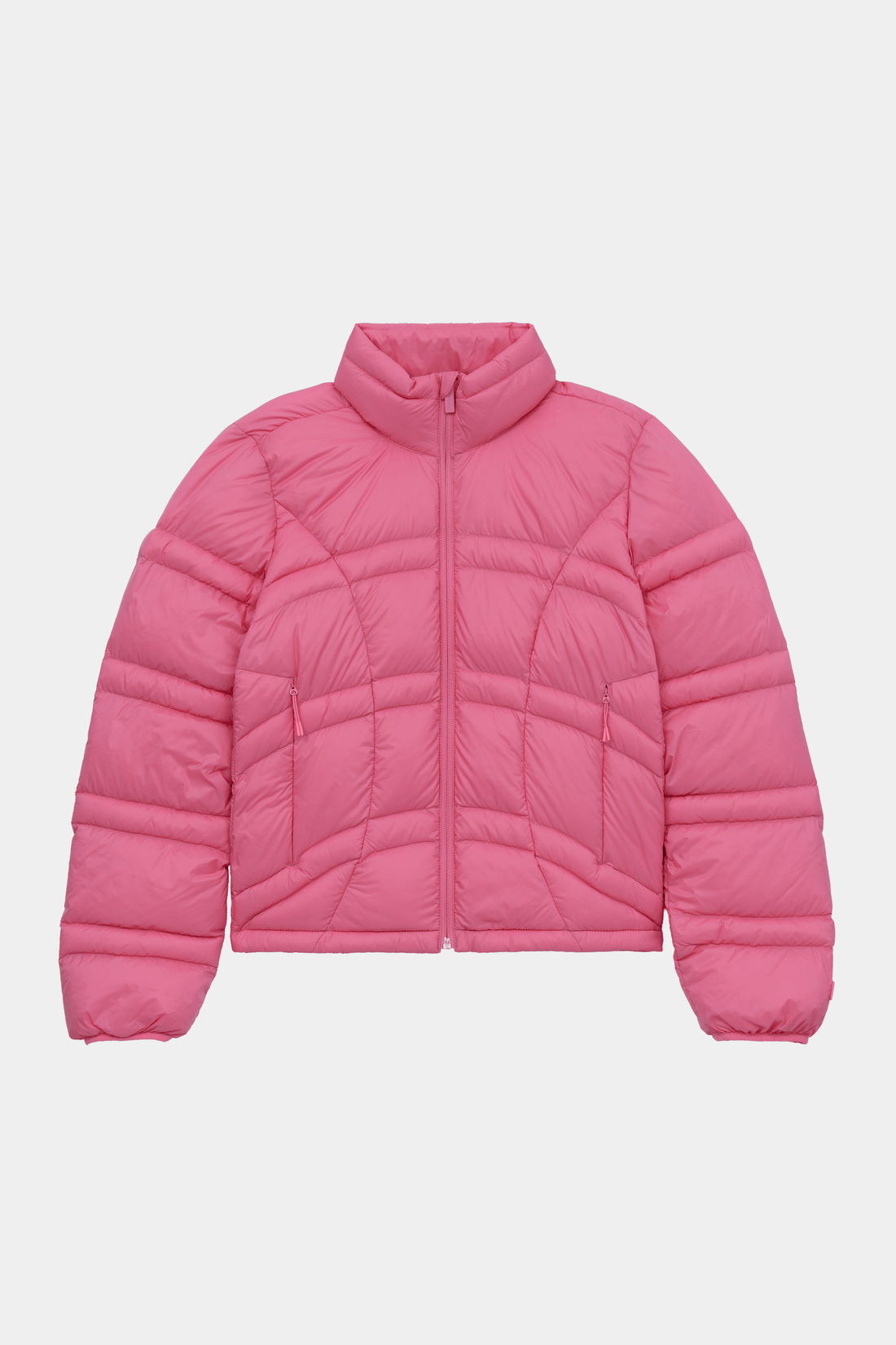 A pink quilted puffer jacket with a stand-up collar and front zipper, shown flat against a light gray background.