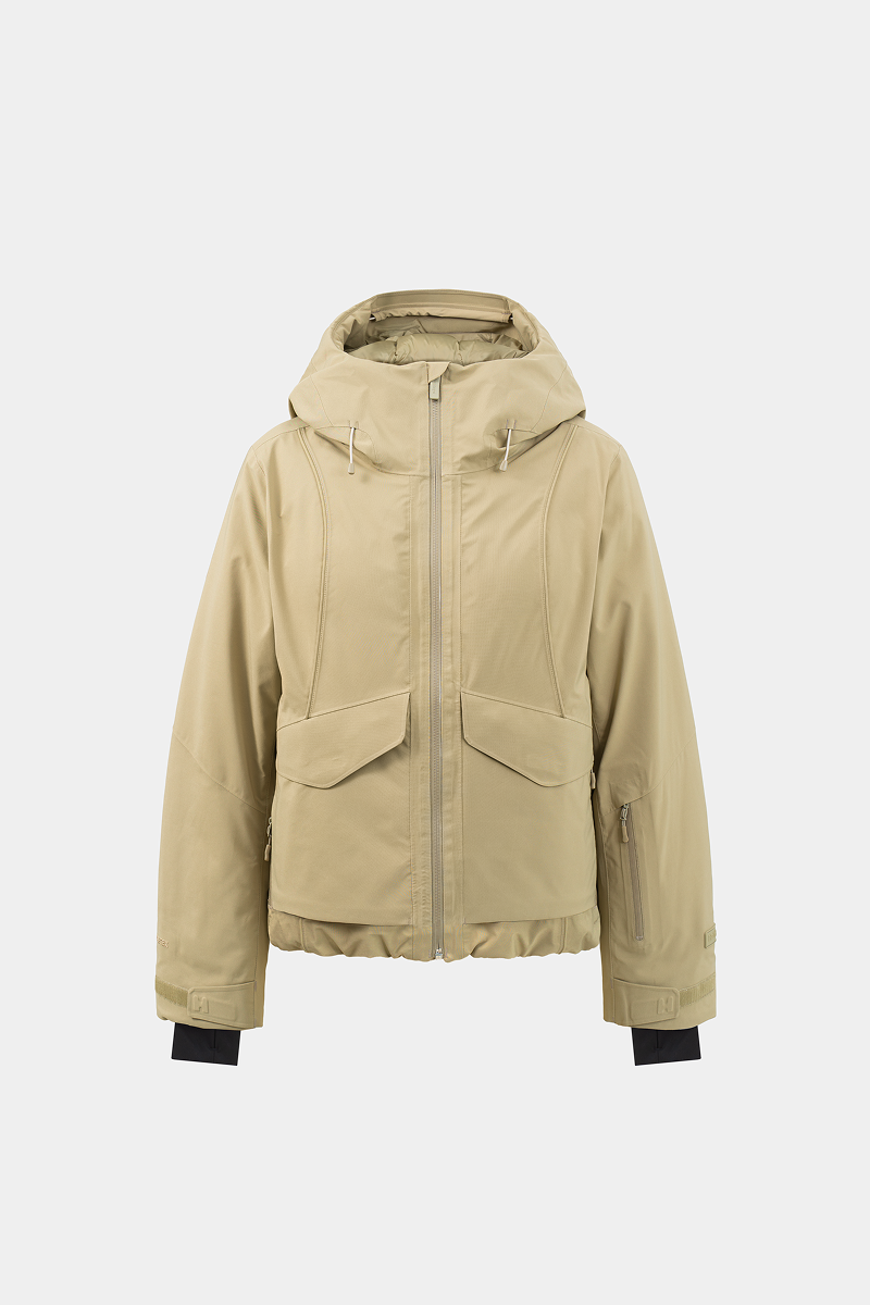A light beige hooded jacket with a front zipper, two large flap pockets, and zippered side pockets, shown on a plain light gray background.