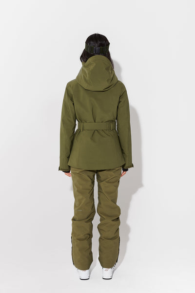 Woman wearing Olive belted jacket
