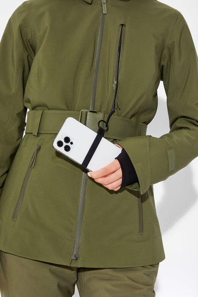 Woman wearing Olive belted jacket