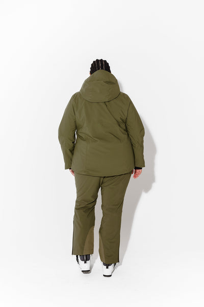 Woman wearing Olive ski jacket