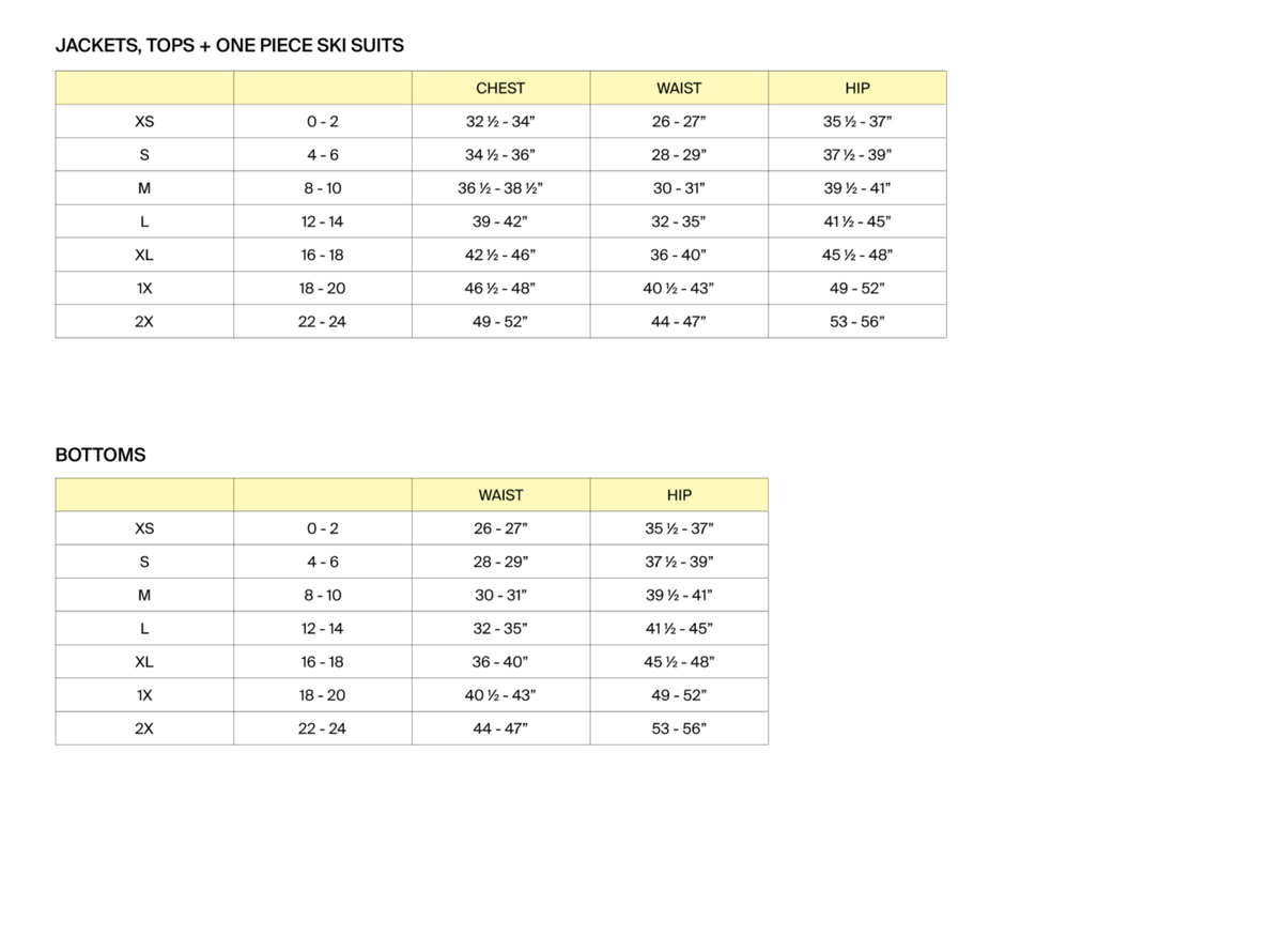 Size Chart Halfdays
