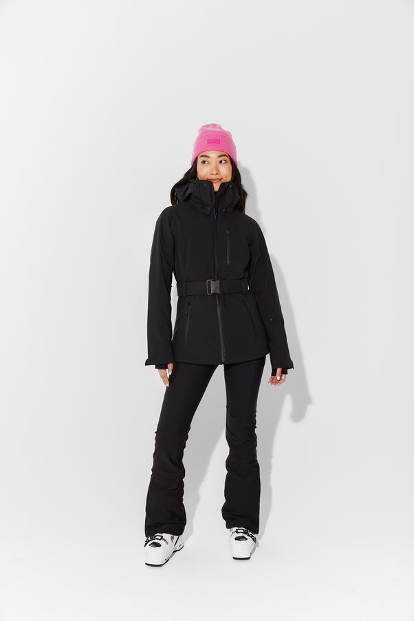 Woman wearing Black belted jacket