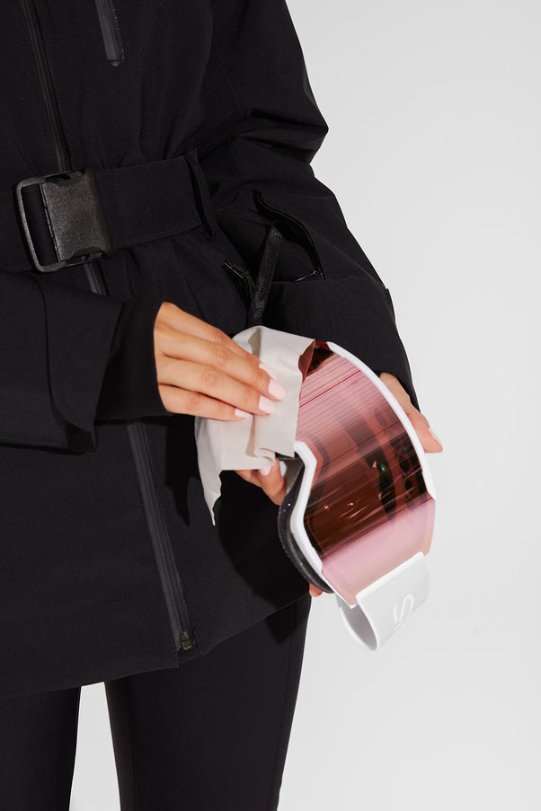Woman wearing Black belted jacket