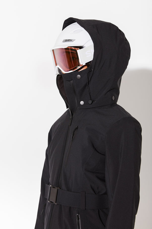Woman wearing Black belted jacket