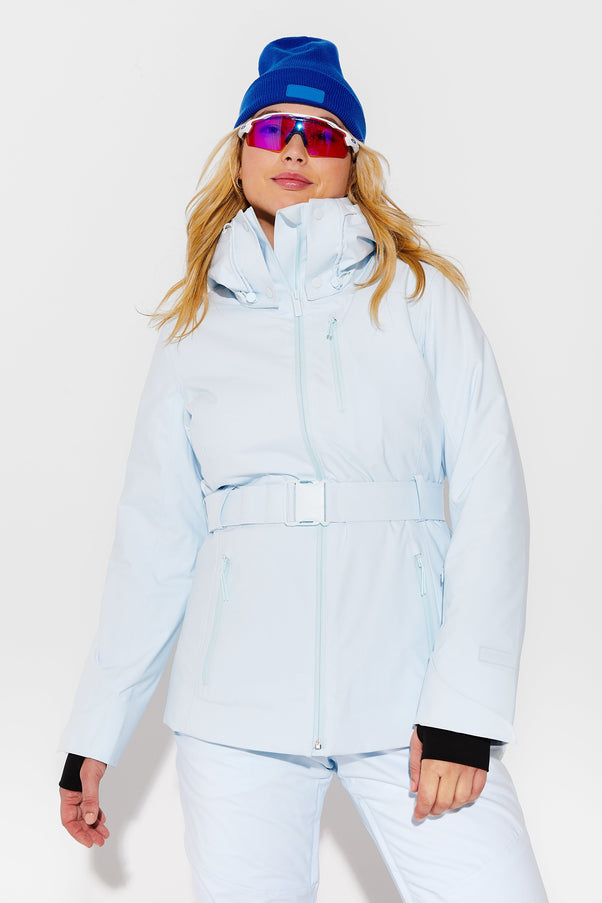 Woman wearing Frost belted jacket
