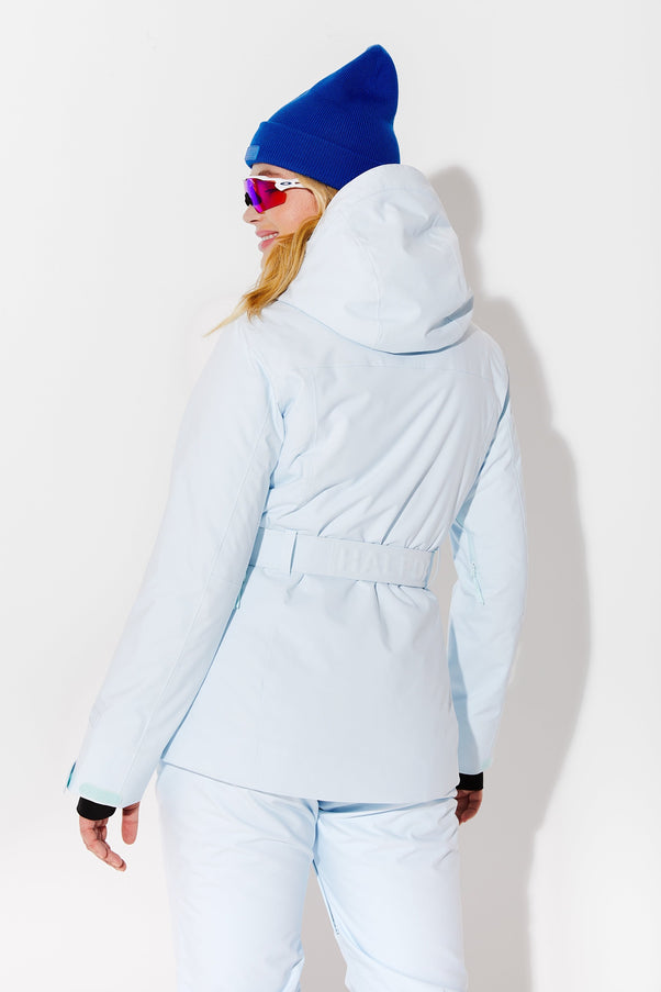 Woman wearing Frost belted jacket