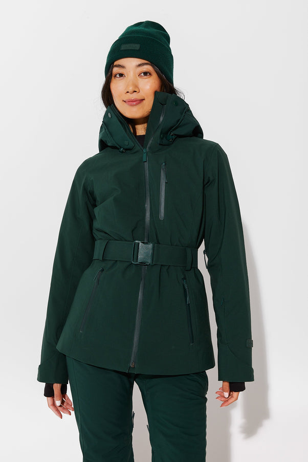 Woman wearing Alpine Green belted jacket