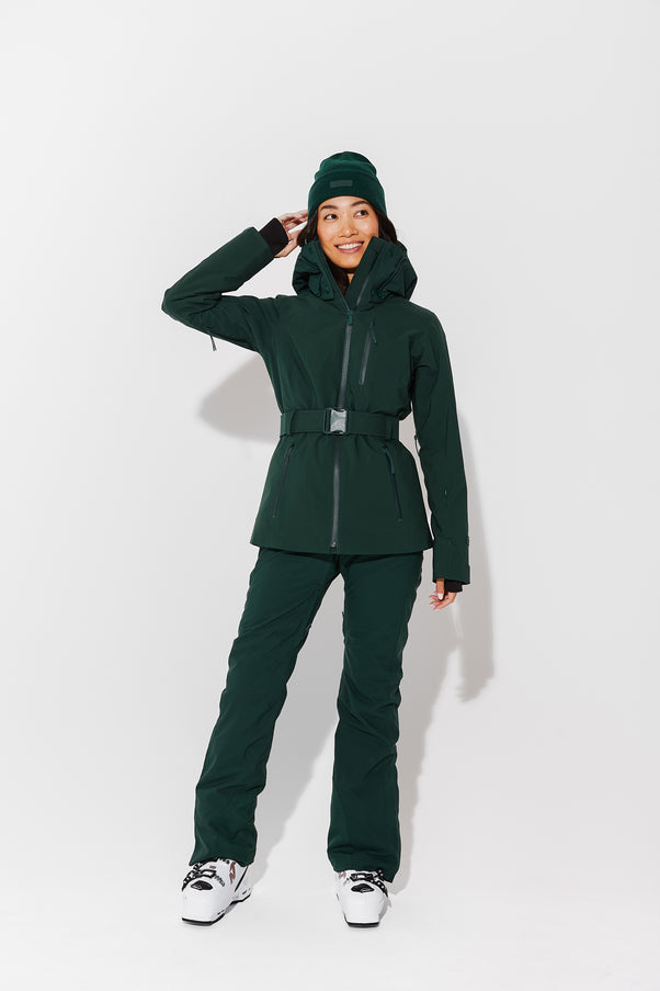 Woman wearing Alpine Green belted jacket