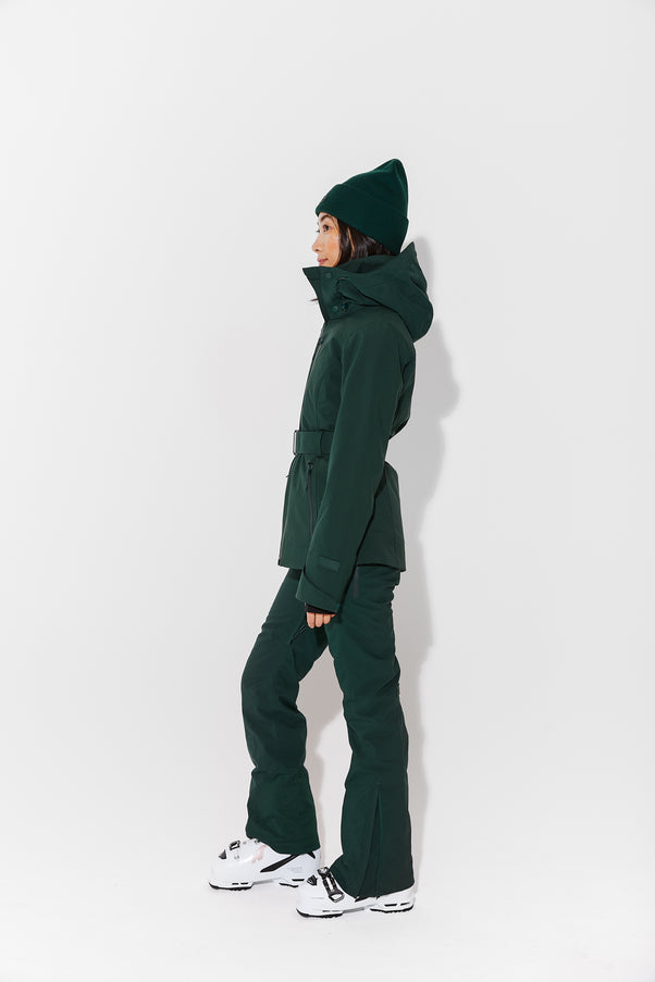 Woman wearing Alpine Green belted jacket