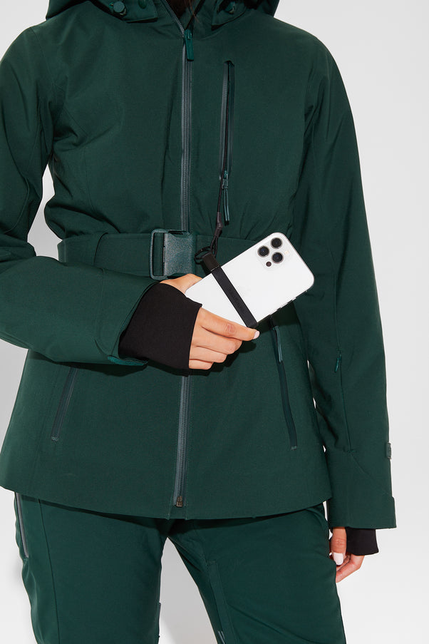 Woman wearing Alpine Green belted jacket