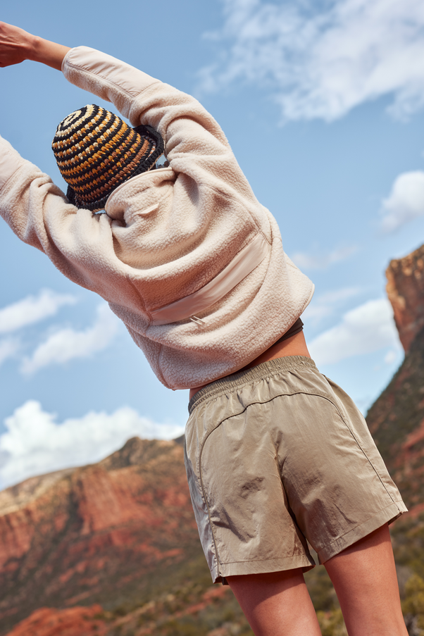 Woman Wearing Lava Rock Gray Colored Nylon Shorts