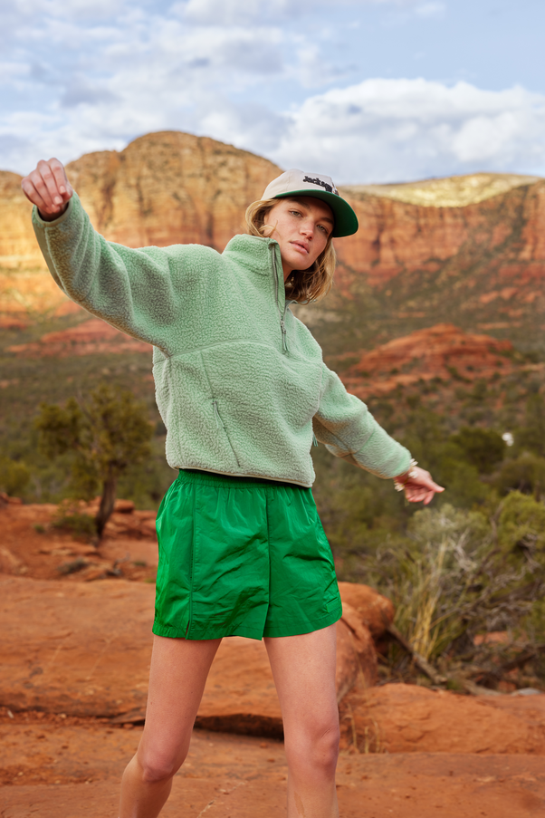 Woman Wearing Verdant Green Nylon Shorts