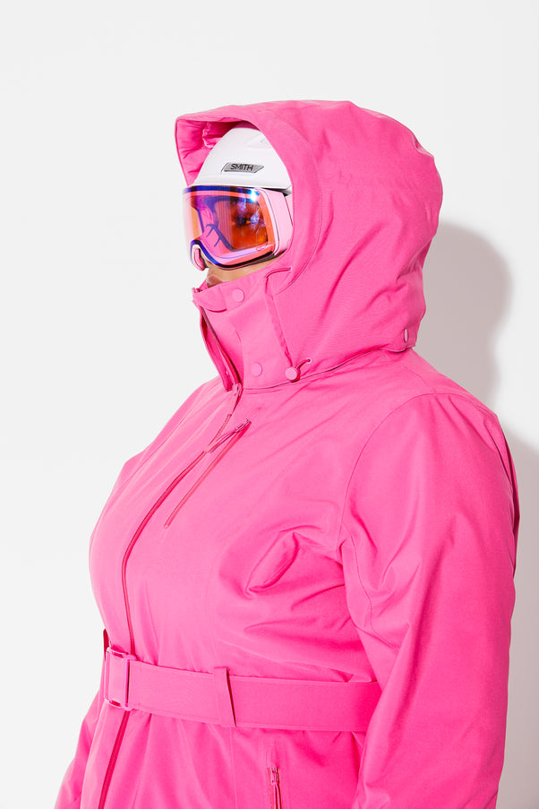 Woman wearing Alpenglow belted jacket