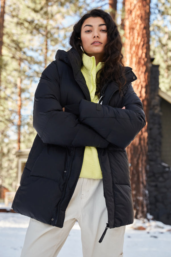 Woman Wearing Black Parka Puffer Jacket
