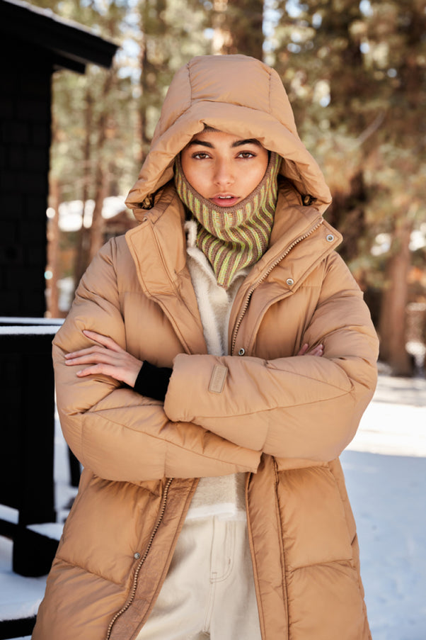 Woman Wearing Chai Colored Parka Puffer Jacket