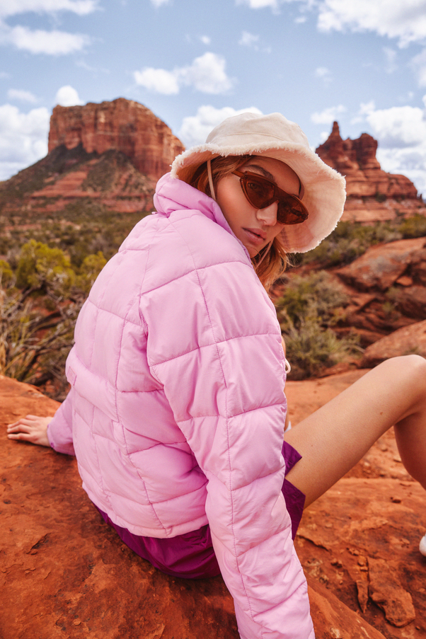 Woman Wearing Peony Nellie Packable Puffer