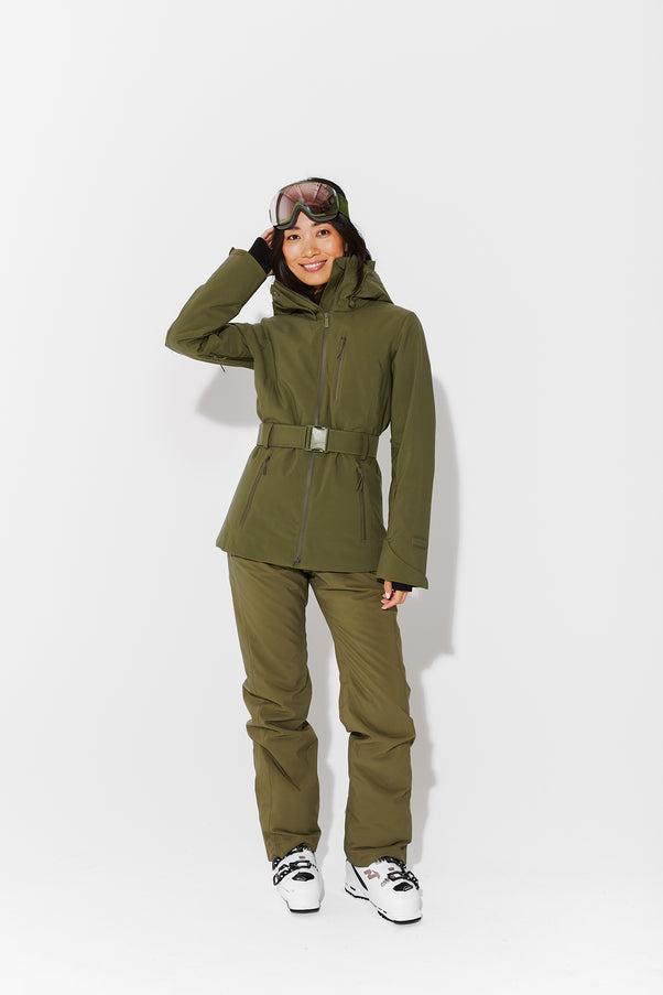Woman wearing Olive belted jacket