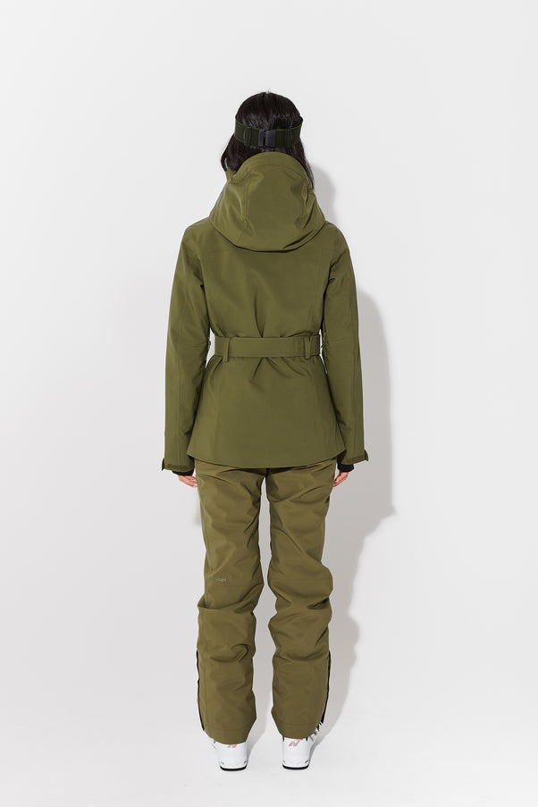 Woman wearing Olive belted jacket