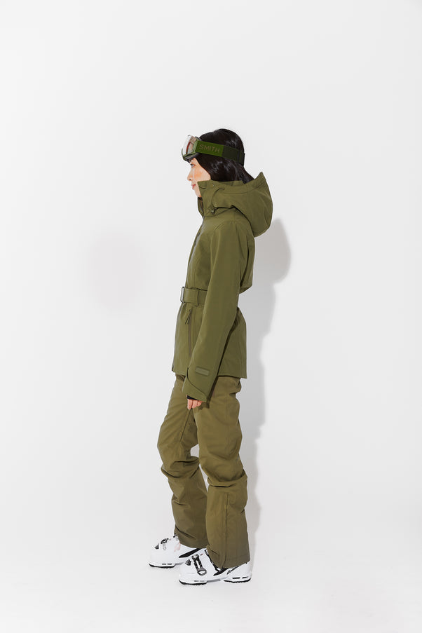 Woman wearing Olive belted jacket