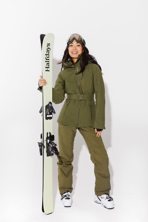 Woman wearing Olive belted jacket