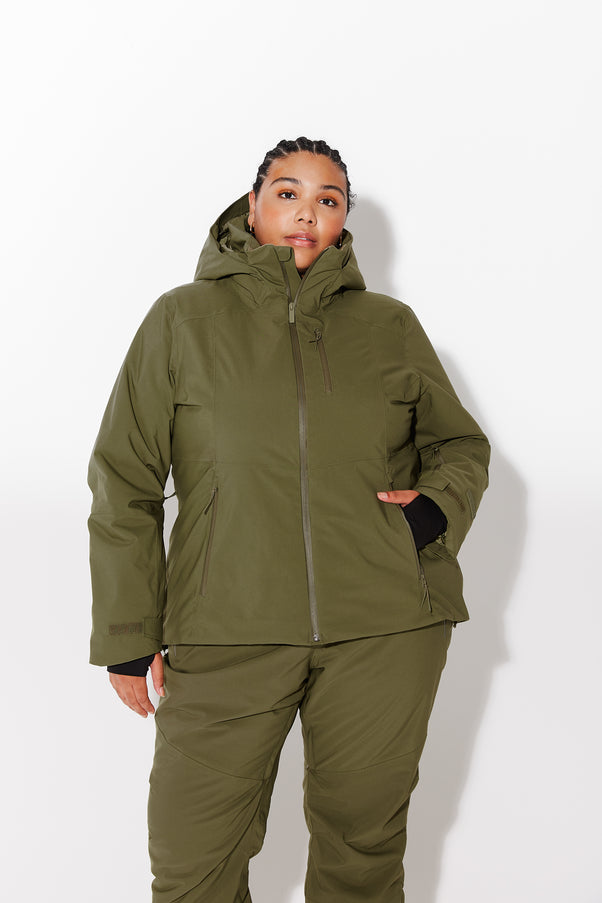 Woman wearing Olive ski jacket