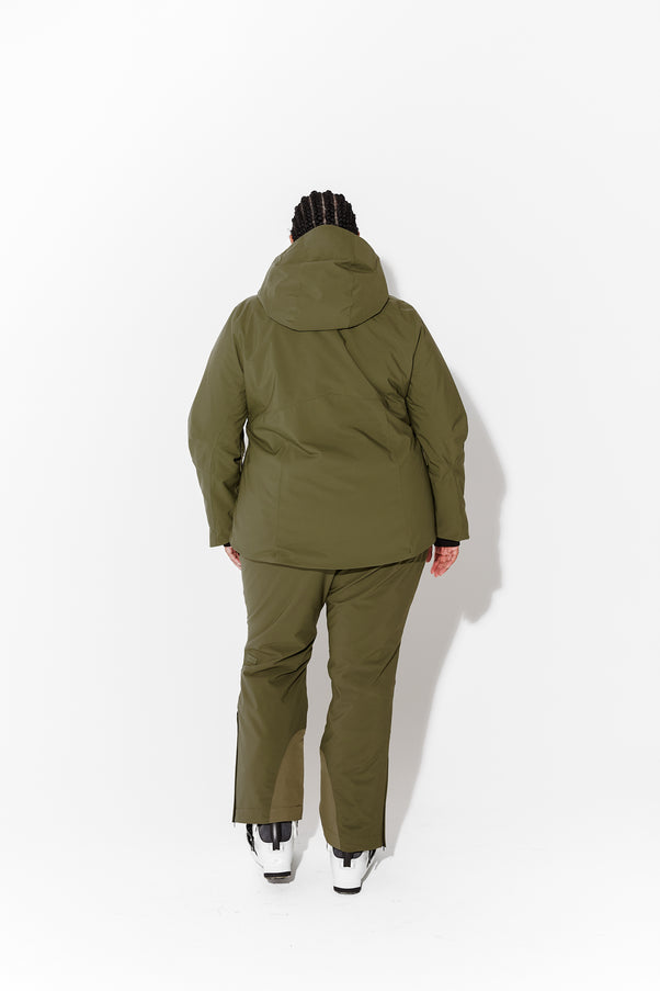 Woman wearing Olive ski jacket