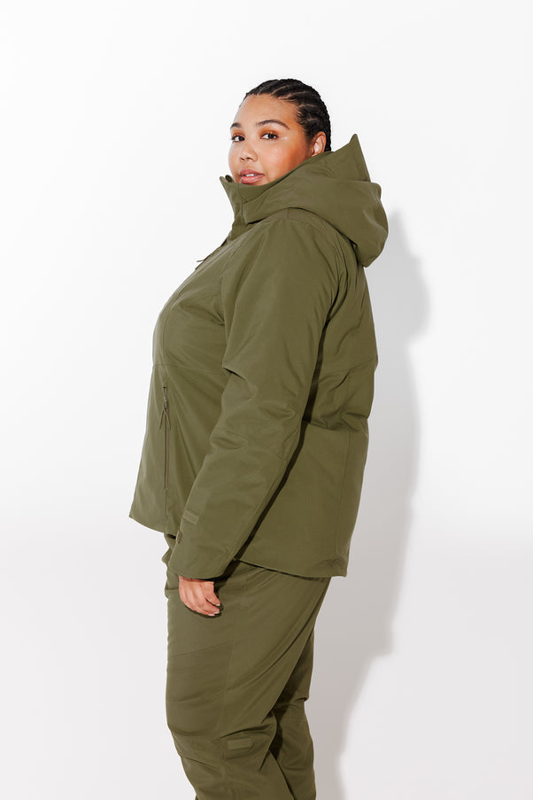 Woman wearing Olive ski jacket