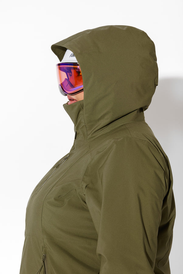 Woman wearing Olive ski jacket