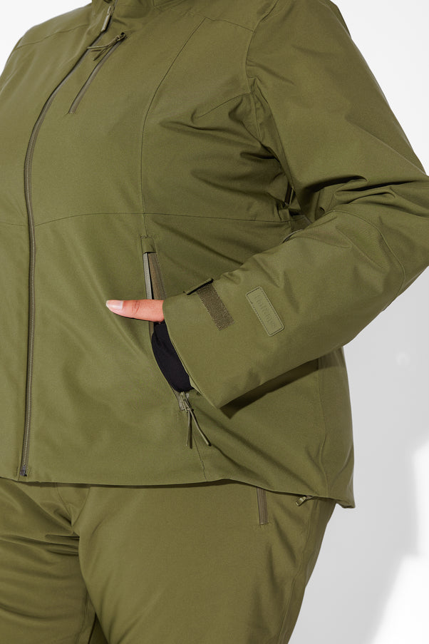 Woman wearing Olive ski jacket
