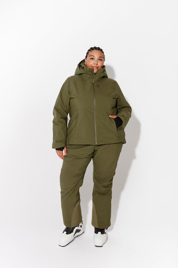 Woman wearing Olive ski jacket